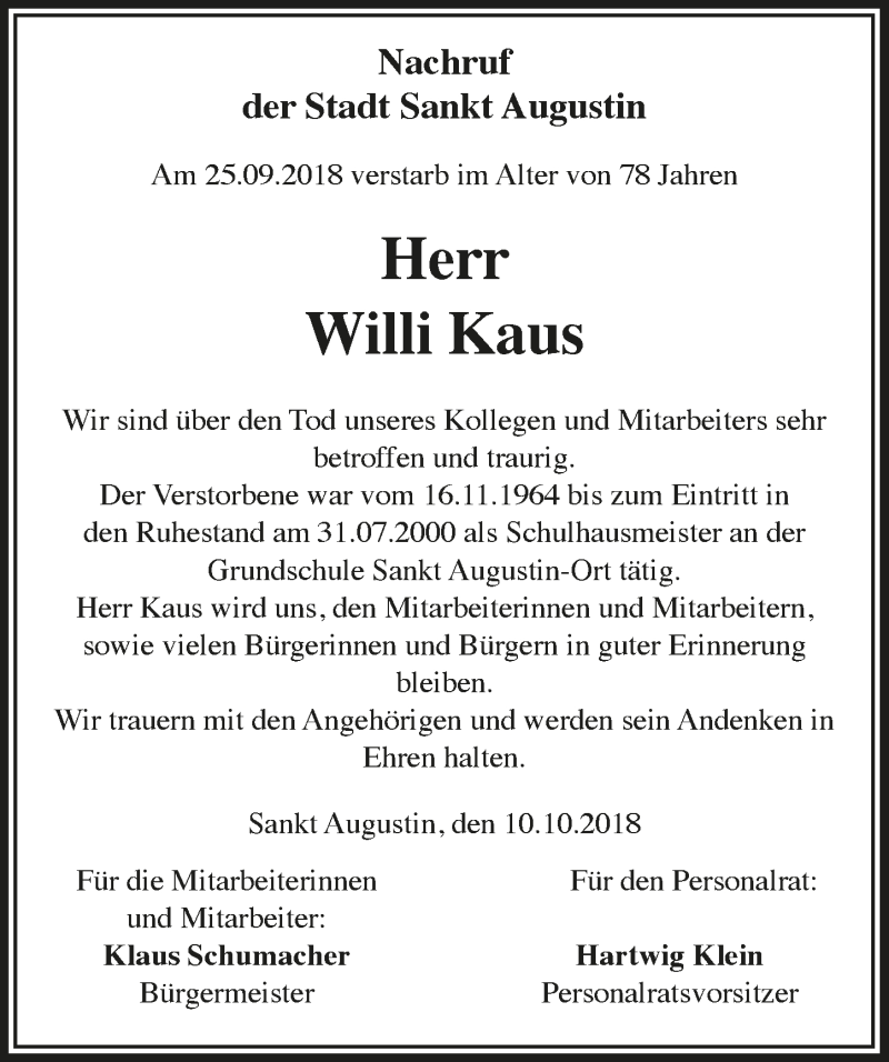  Traueranzeige für Willi Kaus vom 17.10.2018 aus  Extra Blatt 