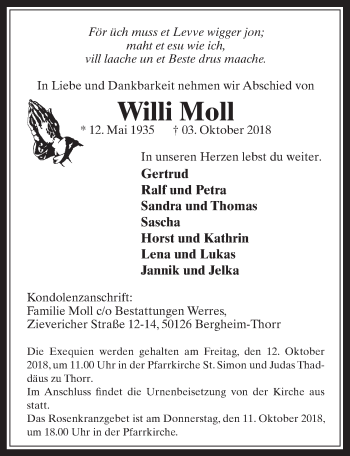 Anzeige von Willi Moll von  Werbepost 