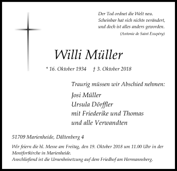 Anzeige von Willi Müller von Kölner Stadt-Anzeiger / Kölnische Rundschau / Express