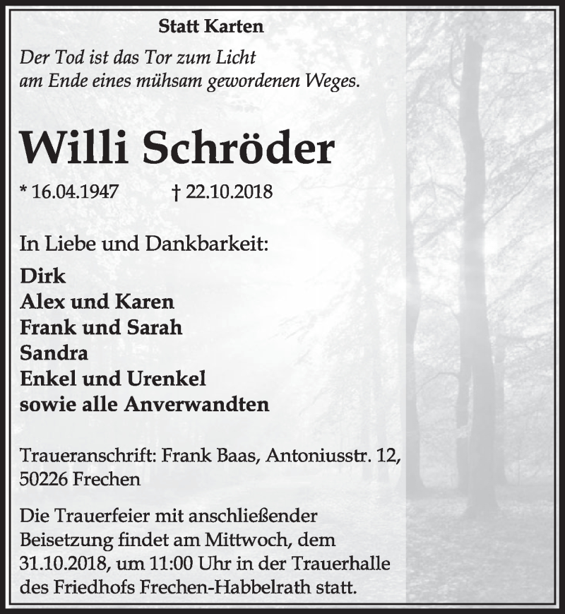  Traueranzeige für Willi Schröder vom 27.10.2018 aus  Sonntags-Post 