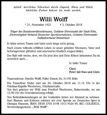 Anzeige von Willi Wolff von Kölner Stadt-Anzeiger / Kölnische Rundschau / Express