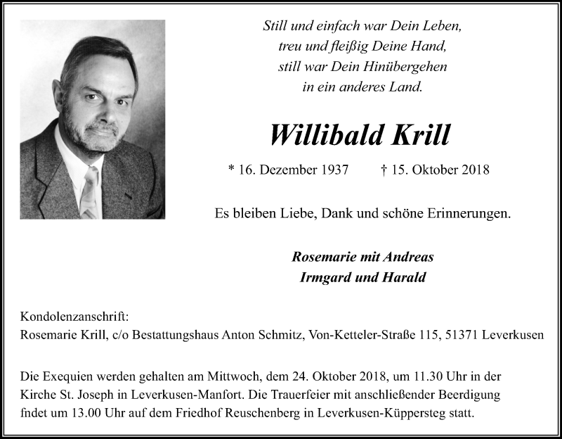  Traueranzeige für Willibald Krill vom 20.10.2018 aus Kölner Stadt-Anzeiger / Kölnische Rundschau / Express