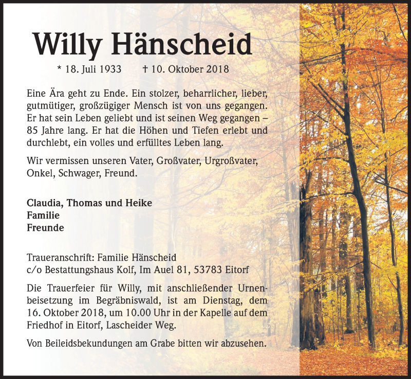  Traueranzeige für Willy Hänscheid vom 13.10.2018 aus Kölner Stadt-Anzeiger / Kölnische Rundschau / Express