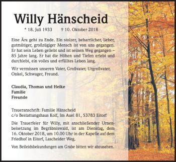 Anzeige von Willy Hänscheid von Kölner Stadt-Anzeiger / Kölnische Rundschau / Express