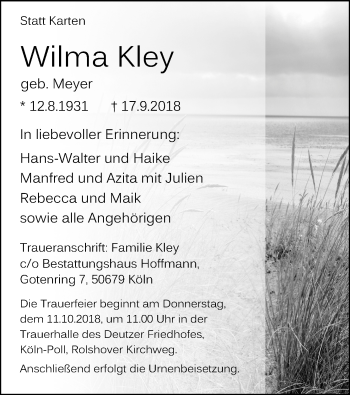 Anzeige von Wilma Kley von Kölner Stadt-Anzeiger / Kölnische Rundschau / Express