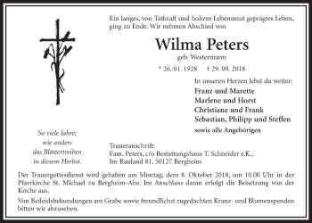 Anzeige von Wilma Peters von  Sonntags-Post 
