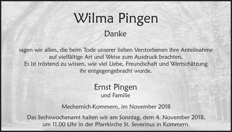  Traueranzeige für Wilma Pingen vom 20.10.2018 aus  Blickpunkt Euskirchen 