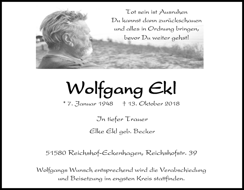  Traueranzeige für Wolfgang Ekl vom 20.10.2018 aus Kölner Stadt-Anzeiger / Kölnische Rundschau / Express