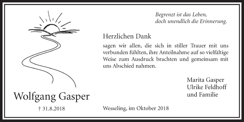  Traueranzeige für Wolfgang Gasper vom 03.10.2018 aus  Schlossbote/Werbekurier 