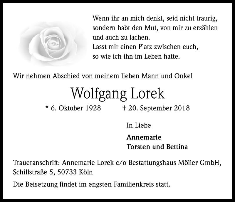  Traueranzeige für Wolfgang Lorek vom 06.10.2018 aus Kölner Stadt-Anzeiger / Kölnische Rundschau / Express