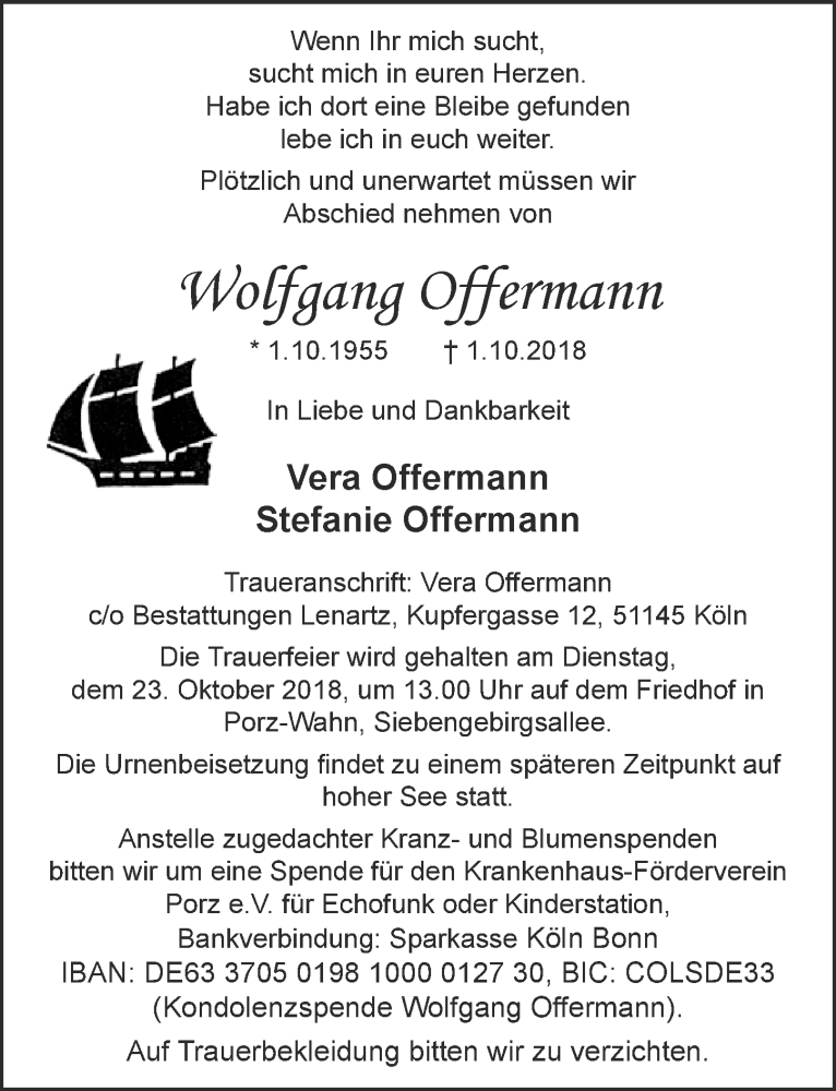  Traueranzeige für Wolfgang Offermann vom 17.10.2018 aus  Kölner Wochenspiegel 