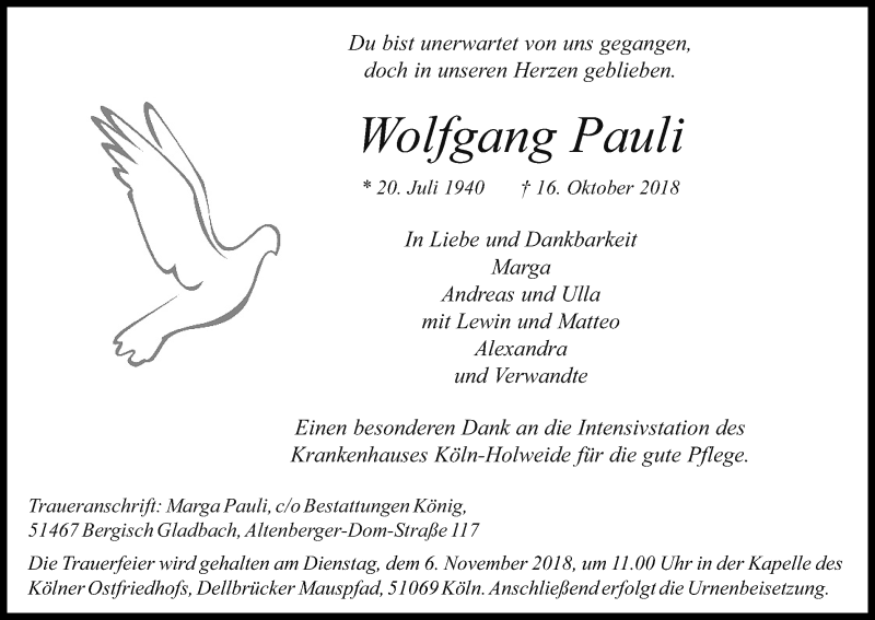  Traueranzeige für Wolfgang Pauli vom 27.10.2018 aus Kölner Stadt-Anzeiger / Kölnische Rundschau / Express