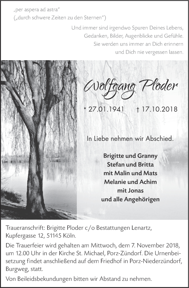  Traueranzeige für Wolfgang Ploder vom 31.10.2018 aus  Kölner Wochenspiegel 