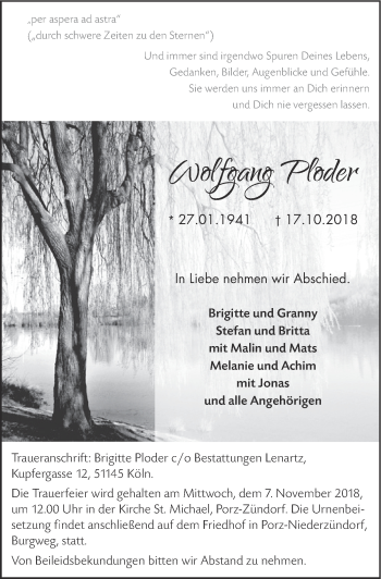 Anzeige von Wolfgang Ploder von  Kölner Wochenspiegel 