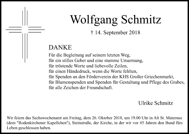  Traueranzeige für Wolfgang Schmitz vom 13.10.2018 aus Kölner Stadt-Anzeiger / Kölnische Rundschau / Express