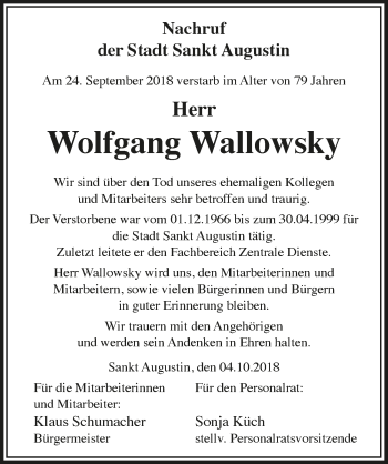 Anzeige von Wolfgang Wallowsky von  Extra Blatt 