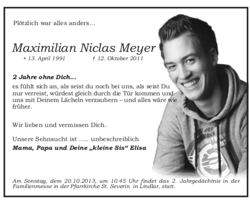  Traueranzeige für Maximilian Niclas Meyer vom 12.10.2013 aus Kölner Stadt-Anzeiger / Kölnische Rundschau / Express