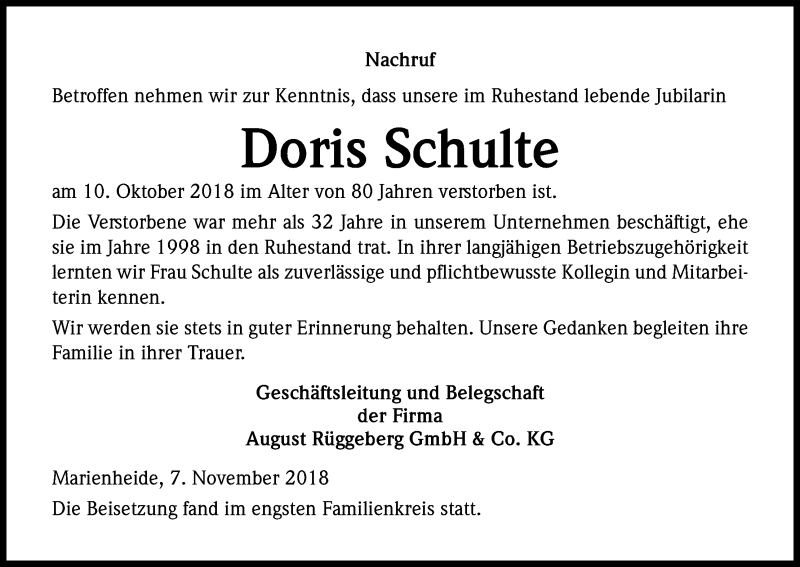  Traueranzeige für Doris Schulte vom 09.11.2018 aus Kölner Stadt-Anzeiger / Kölnische Rundschau / Express