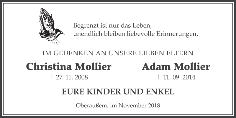  Traueranzeige für Adam Mollier vom 28.11.2018 aus  Werbepost 