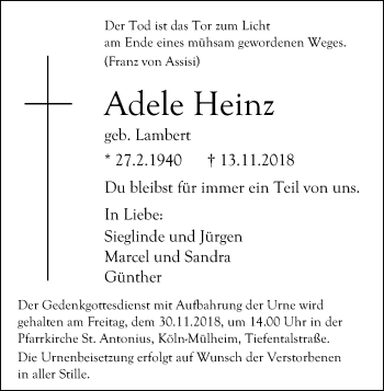Anzeige von Adele Heinz von Kölner Stadt-Anzeiger / Kölnische Rundschau / Express