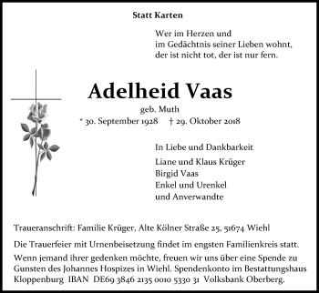 Anzeige von Adelheid Vaas von Kölner Stadt-Anzeiger / Kölnische Rundschau / Express