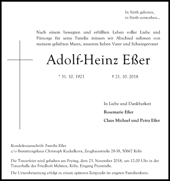 Anzeige von Adolf-Heinz Eßer von Kölner Stadt-Anzeiger / Kölnische Rundschau / Express
