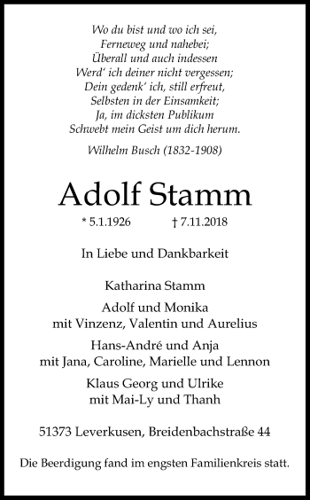 Anzeige von Adolf Stamm von Kölner Stadt-Anzeiger / Kölnische Rundschau / Express