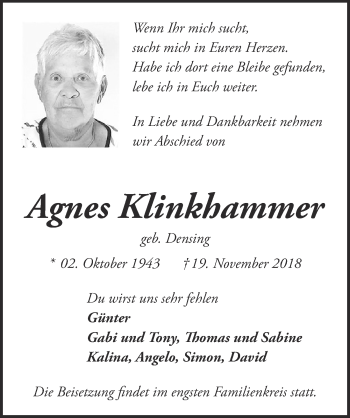 Anzeige von Agnes Klinkhammer von  Kölner Wochenspiegel 
