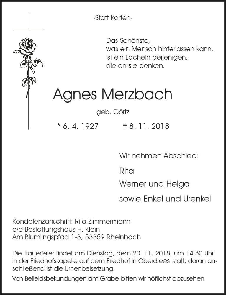  Traueranzeige für Agnes Merzbach vom 14.11.2018 aus  Schaufenster/Blickpunkt 