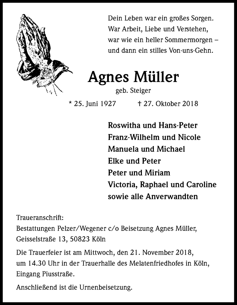  Traueranzeige für Agnes Müller vom 17.11.2018 aus Kölner Stadt-Anzeiger / Kölnische Rundschau / Express
