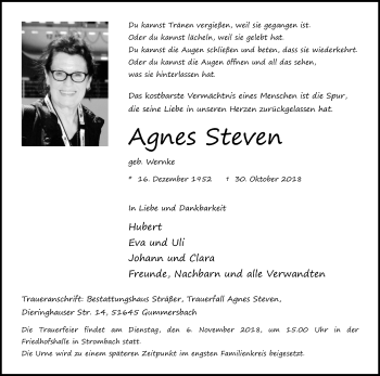 Anzeige von Agnes Steven von Kölner Stadt-Anzeiger / Kölnische Rundschau / Express