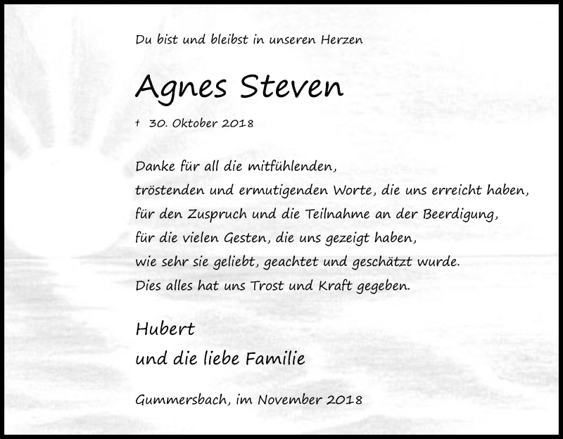  Traueranzeige für Agnes Steven vom 24.11.2018 aus Kölner Stadt-Anzeiger / Kölnische Rundschau / Express