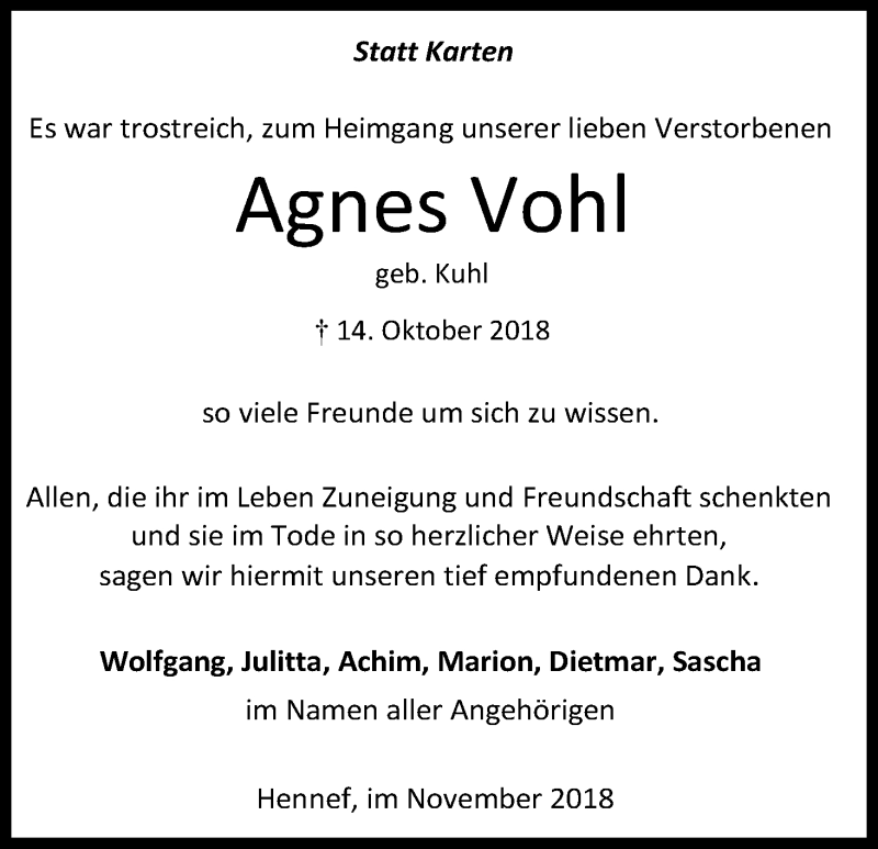  Traueranzeige für Agnes Vohl vom 03.11.2018 aus Kölner Stadt-Anzeiger / Kölnische Rundschau / Express