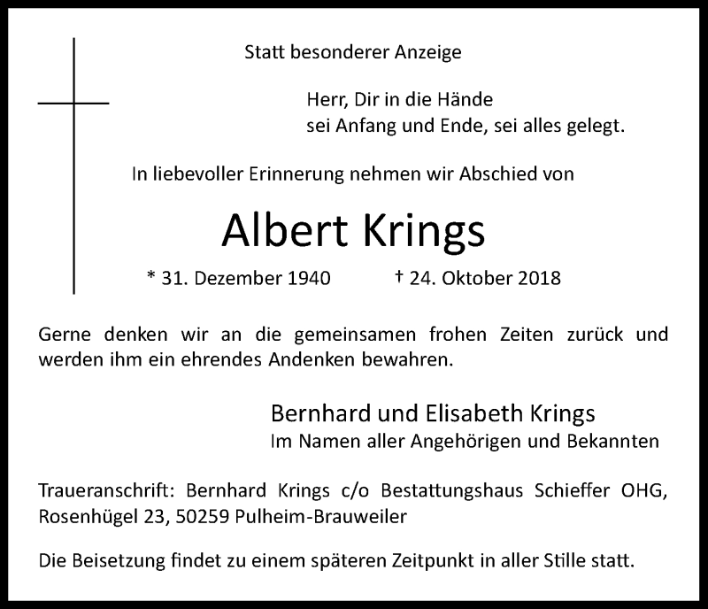  Traueranzeige für Albert Krings vom 03.11.2018 aus Kölner Stadt-Anzeiger / Kölnische Rundschau / Express