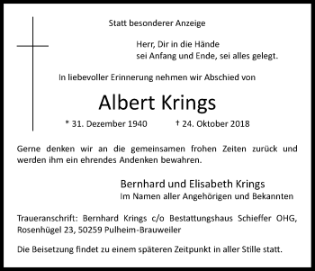 Anzeige von Albert Krings von Kölner Stadt-Anzeiger / Kölnische Rundschau / Express