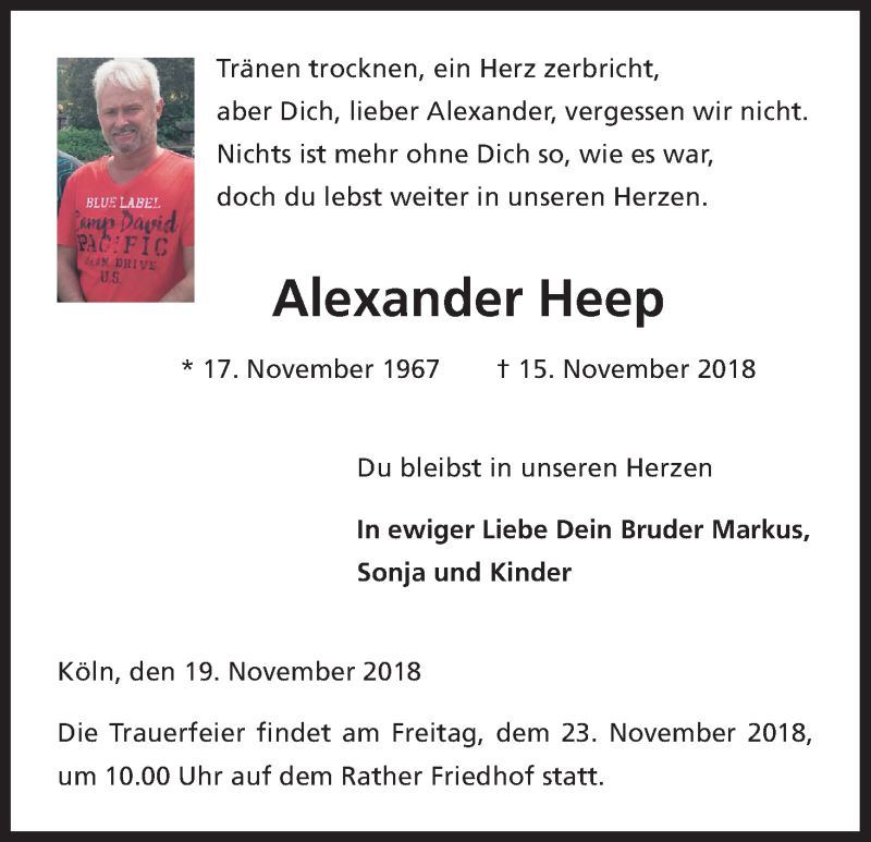  Traueranzeige für Alexander Heep vom 22.11.2018 aus Kölner Stadt-Anzeiger / Kölnische Rundschau / Express