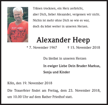 Anzeige von Alexander Heep von Kölner Stadt-Anzeiger / Kölnische Rundschau / Express