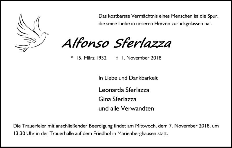  Traueranzeige für Alfonso Sferlazza vom 06.11.2018 aus Kölner Stadt-Anzeiger / Kölnische Rundschau / Express