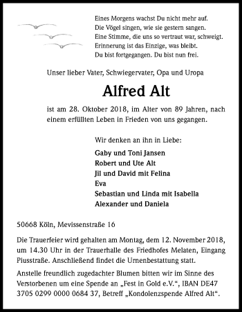 Anzeige von Alfred Alt von Kölner Stadt-Anzeiger / Kölnische Rundschau / Express