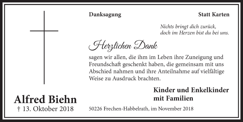  Traueranzeige für Alfred Biehn vom 10.11.2018 aus  Sonntags-Post 