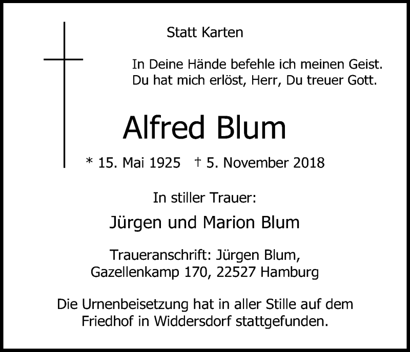  Traueranzeige für Alfred Blum vom 24.11.2018 aus Kölner Stadt-Anzeiger / Kölnische Rundschau / Express