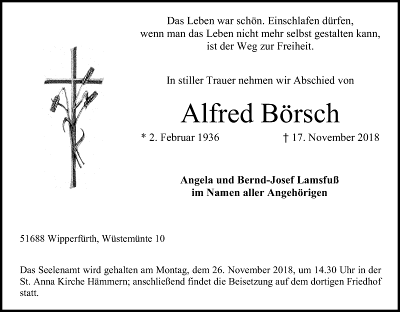  Traueranzeige für Alfred Börsch vom 21.11.2018 aus Kölner Stadt-Anzeiger / Kölnische Rundschau / Express
