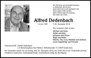 Anzeige von Alfred Dedenbach von Kölner Stadt-Anzeiger / Kölnische Rundschau / Express