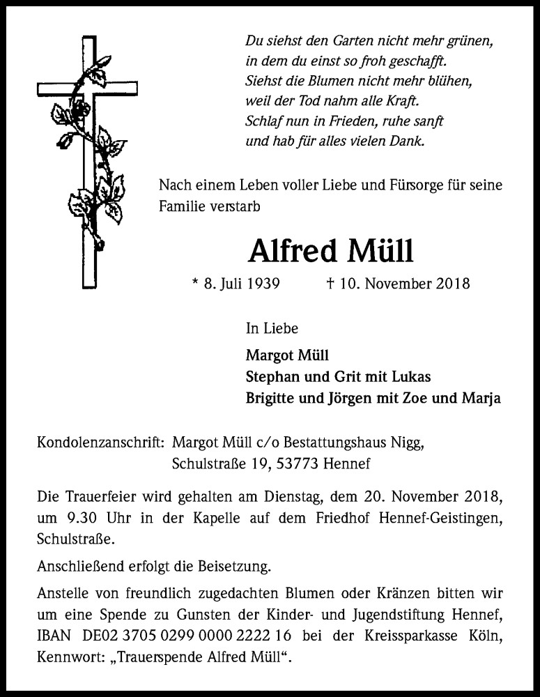  Traueranzeige für Alfred Müll vom 16.11.2018 aus Kölner Stadt-Anzeiger / Kölnische Rundschau / Express
