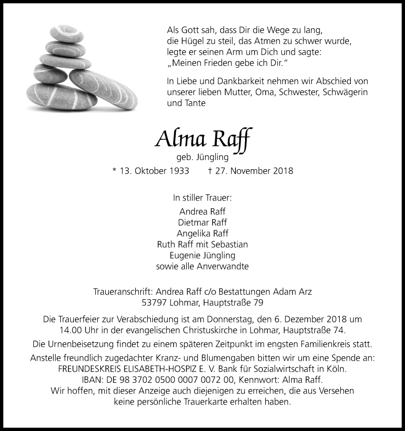  Traueranzeige für Alma Raff vom 01.12.2018 aus Kölner Stadt-Anzeiger / Kölnische Rundschau / Express