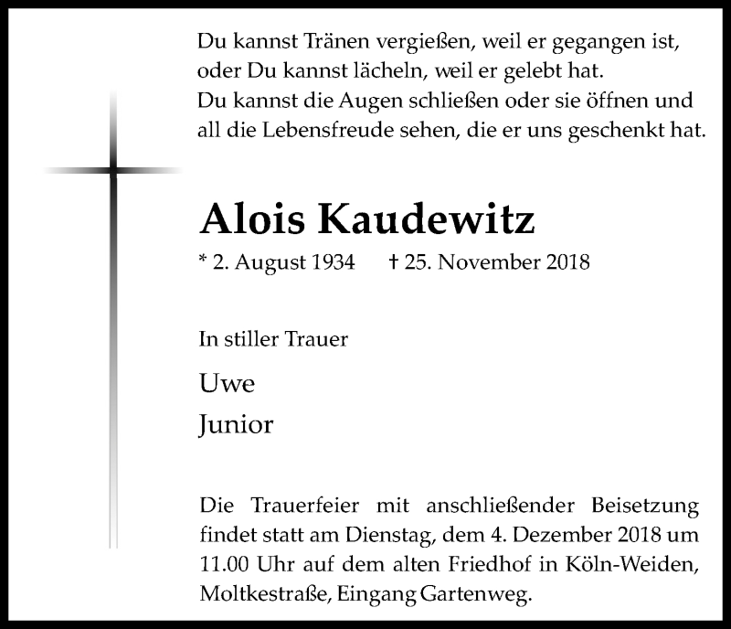 Traueranzeige für Alois Kaudewitz vom 01.12.2018 aus Kölner Stadt-Anzeiger / Kölnische Rundschau / Express