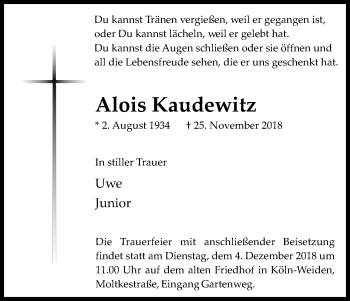 Anzeige von Alois Kaudewitz von Kölner Stadt-Anzeiger / Kölnische Rundschau / Express