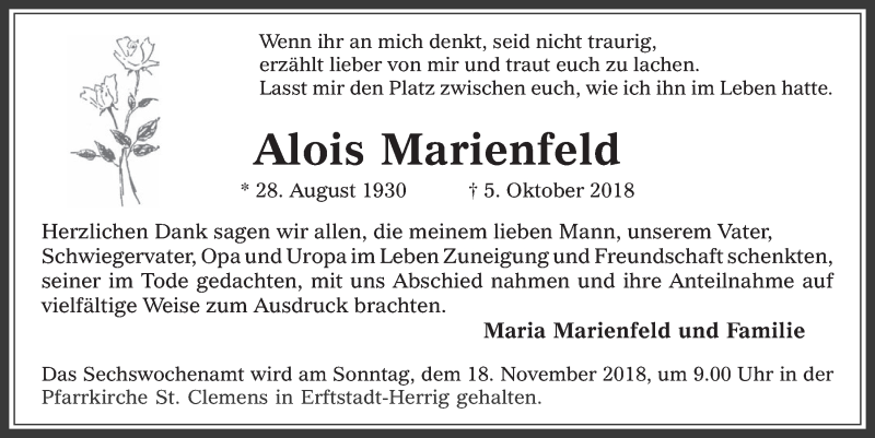  Traueranzeige für Alois Marienfeld vom 07.11.2018 aus  Werbepost 