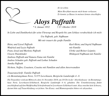 Anzeige von Aloys Paffrath von Kölner Stadt-Anzeiger / Kölnische Rundschau / Express