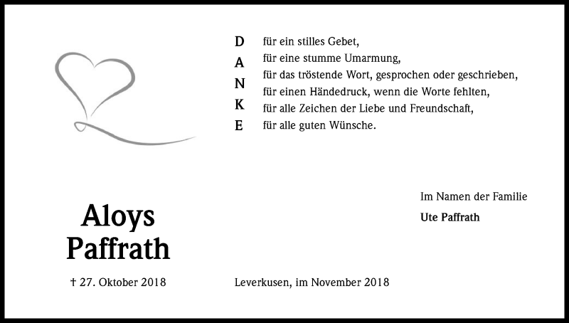  Traueranzeige für Aloys Paffrath vom 01.12.2018 aus Kölner Stadt-Anzeiger / Kölnische Rundschau / Express